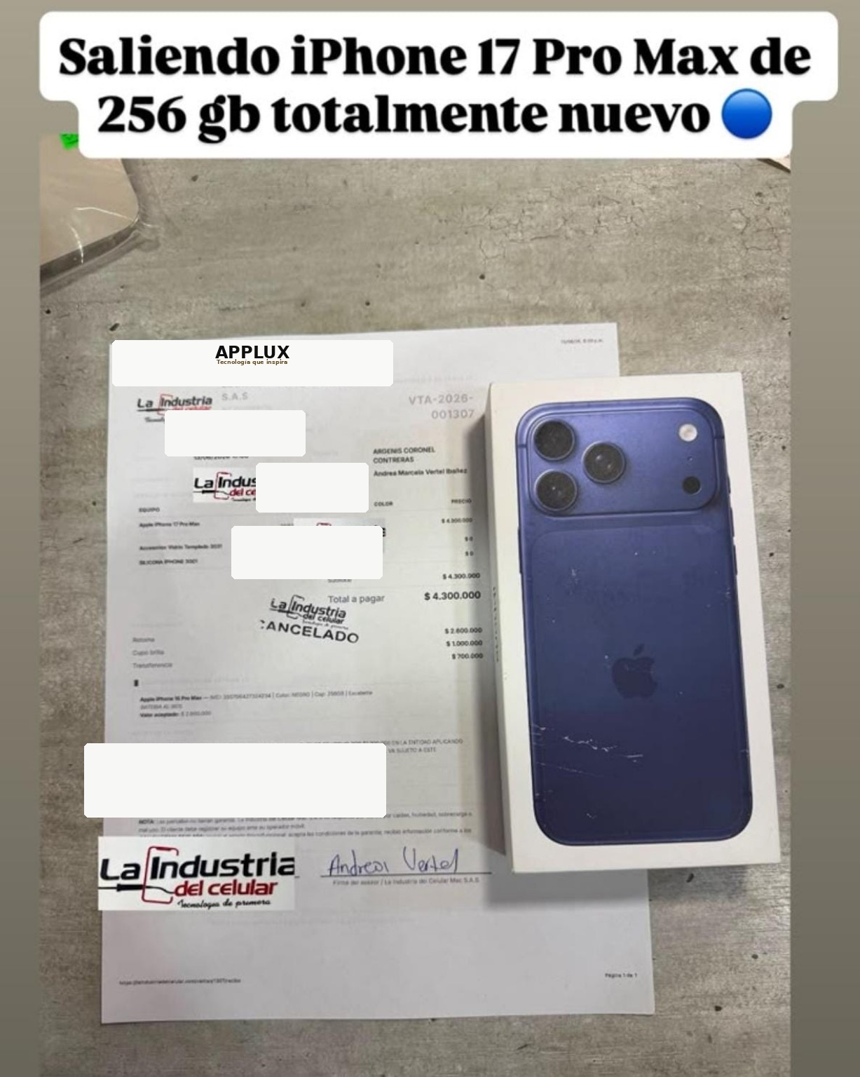 Referencia documental de iPhone 17 Pro Max editada con identidad APPLUX